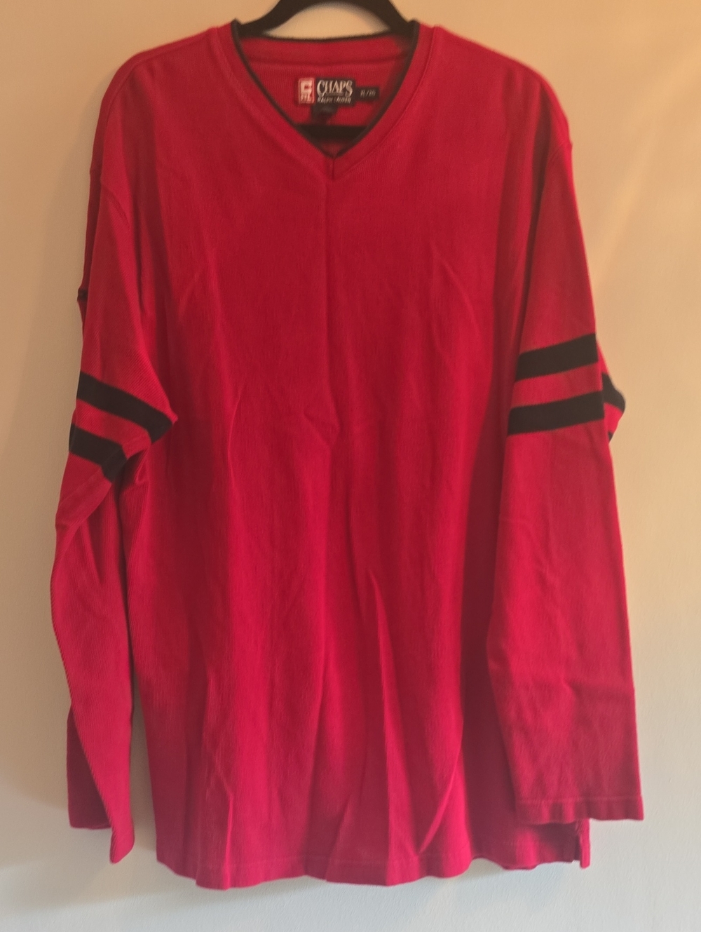 Chaps Men’s Red Long-Sleeve V-Neck Shirt with Black Sleeve Stripes
